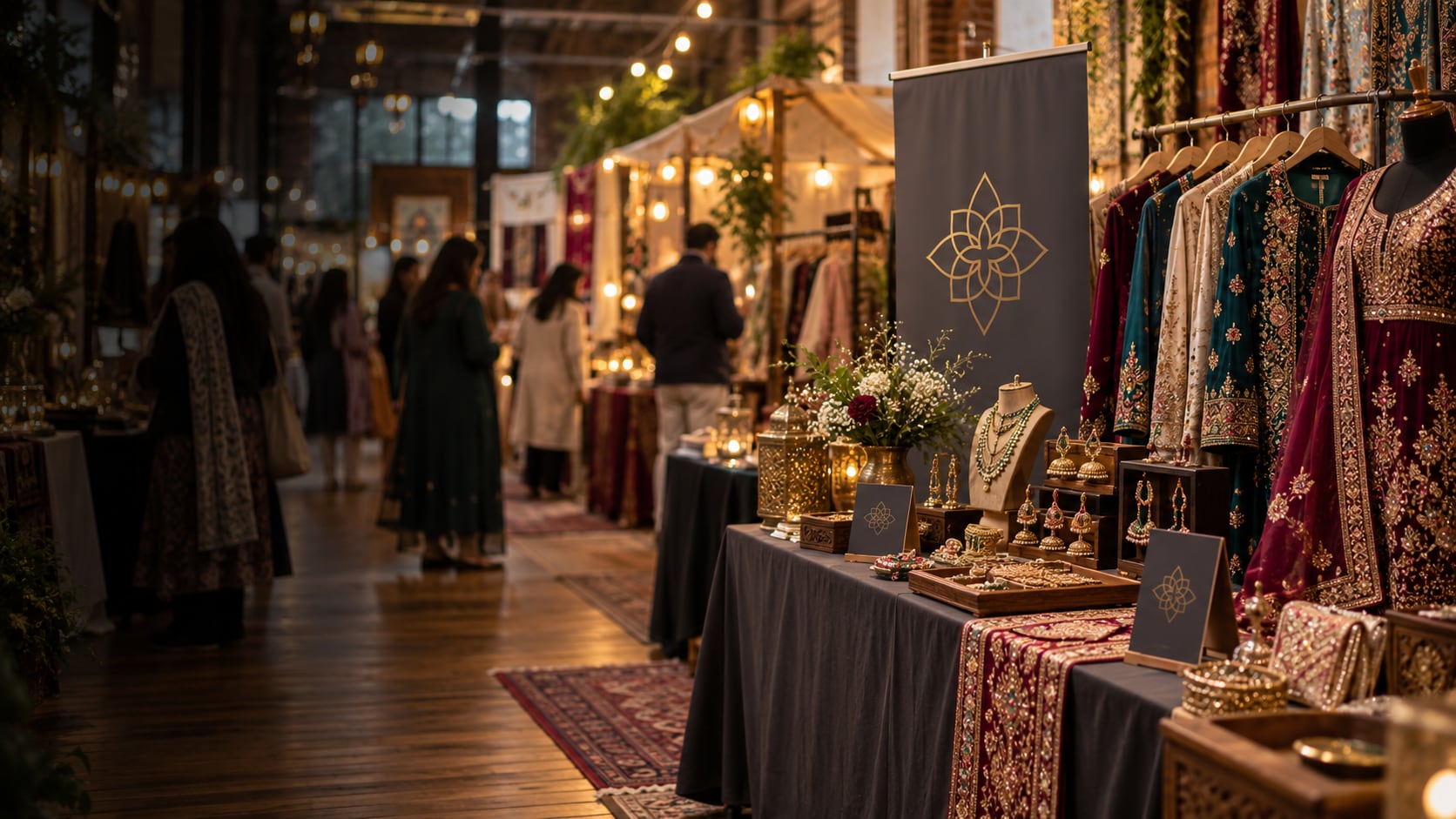 Illustrative market scene with a coordinated roller banner, table signs, clothing and jewellery