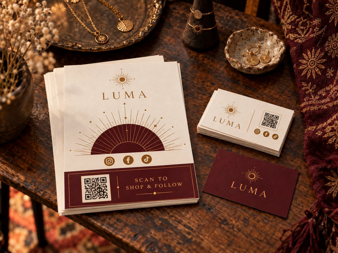 Cream flyers and business cards arranged on a market table with social icons and an example QR code — illustrative mockup