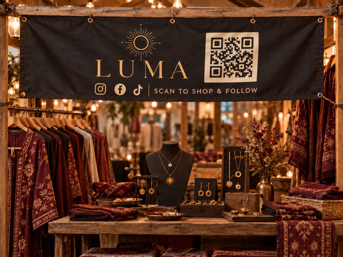 Branded fabric banner suspended above a market display with social icons and an example QR code — illustrative mockup
