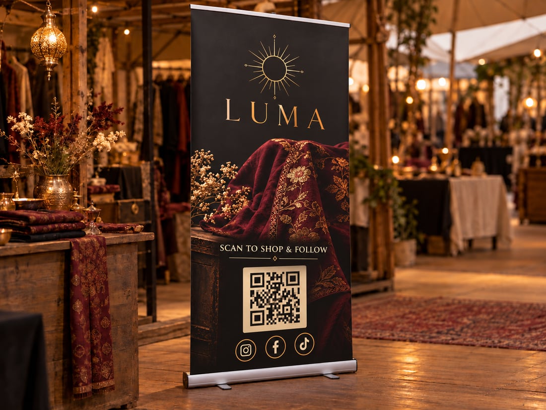 Freestanding roller banner beside a clothing stall with social icons and an example QR code — illustrative mockup