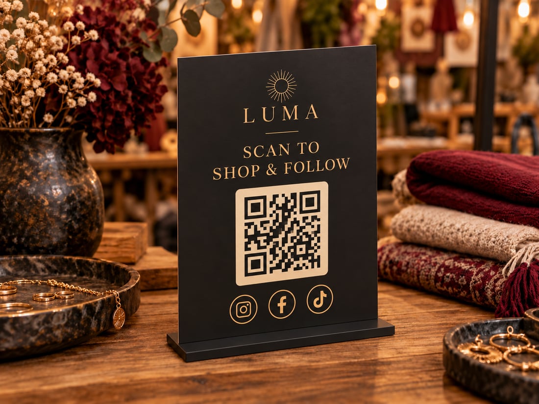 Standing social follow sign on a market counter with social icons and an example QR code — illustrative mockup