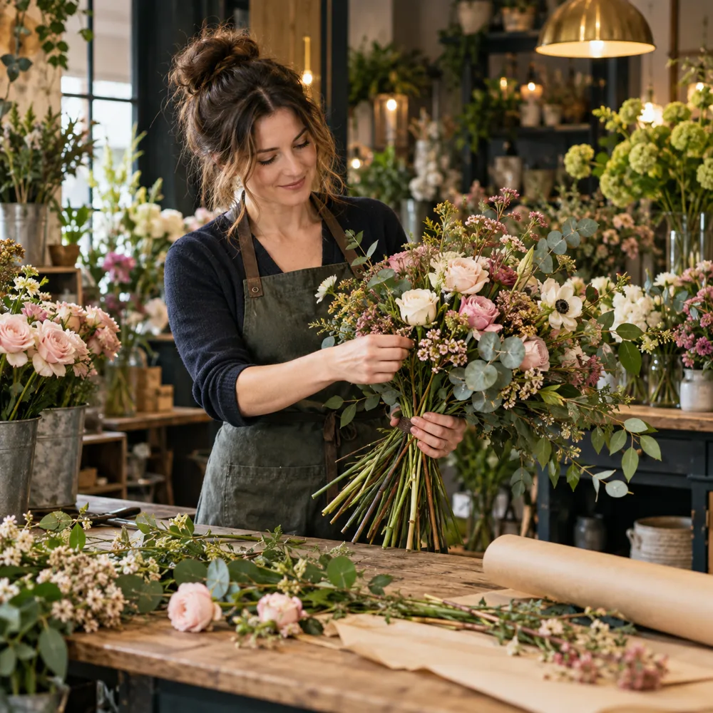 Florist arranging a bouquet in a local flower shop
