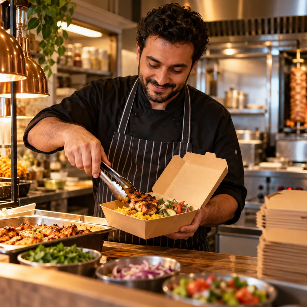 Takeaway owner preparing a customer order