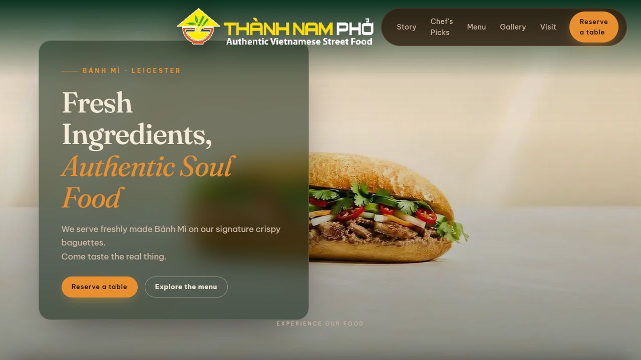 Screenshot of the Thanh Nam Phở restaurant website concept