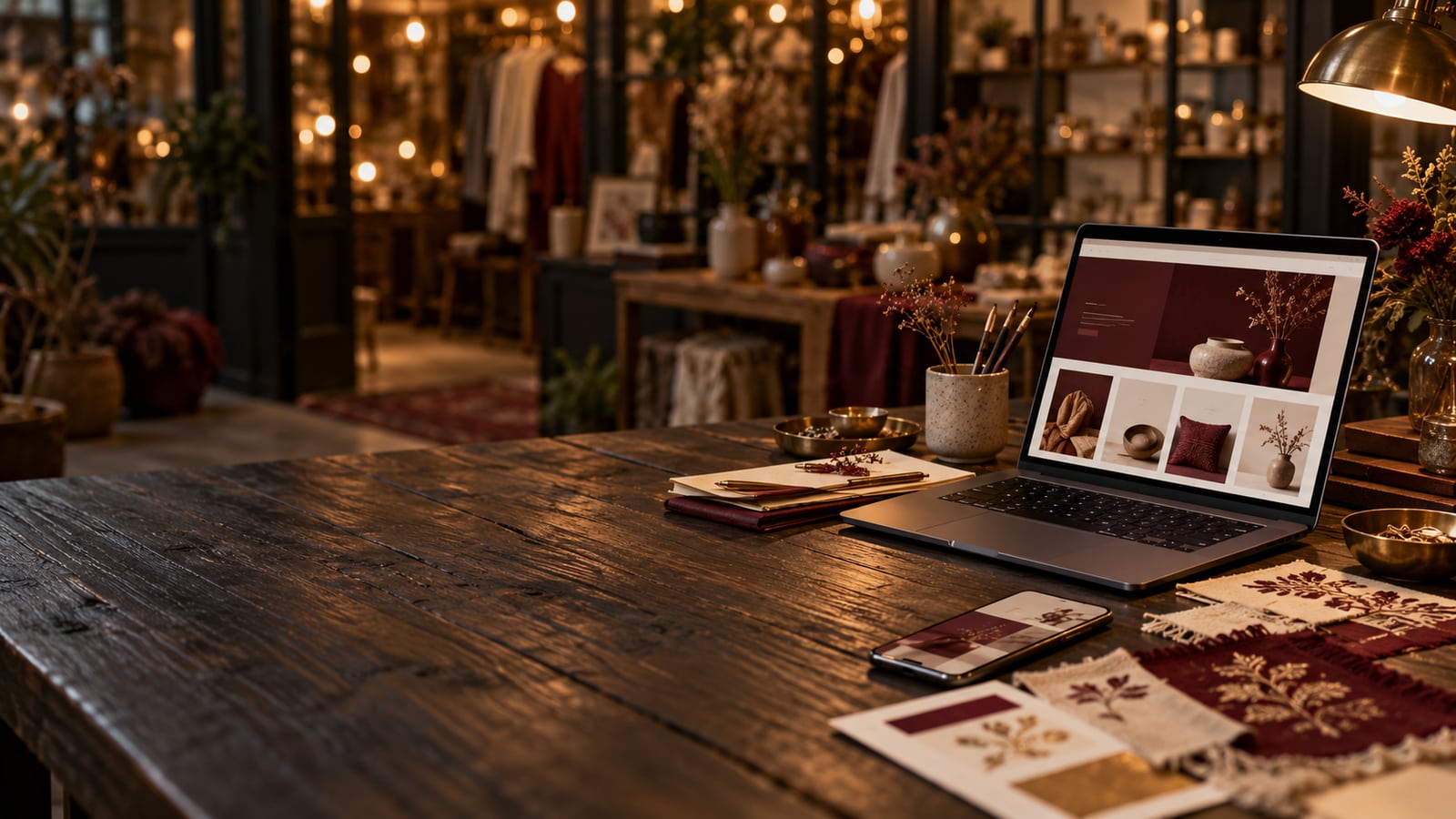 Laptop showing an online shop beside a maker’s work table